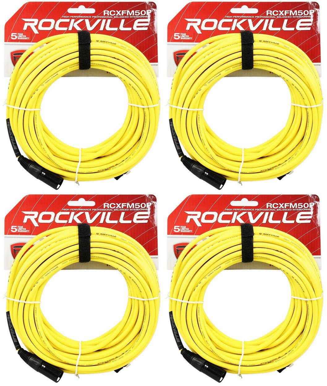 4 Rockville RCXFM50P-Y Yellow 50' Female to Male REAN XLR Mic Cable 100% Copper