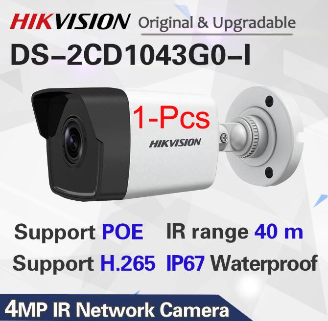 Hikvision 4MP Outdoor PoE IP Camera DS-2CD1043G0-I 4mm Fixed Lens, 2560 *1440 20fps, EXIR 98ft Night Vision, Smart H.265 WDR, SD Card Slot, VCA, ONVIF, IP67 IK10 Support ONVIF ISAPI, 1Pcs