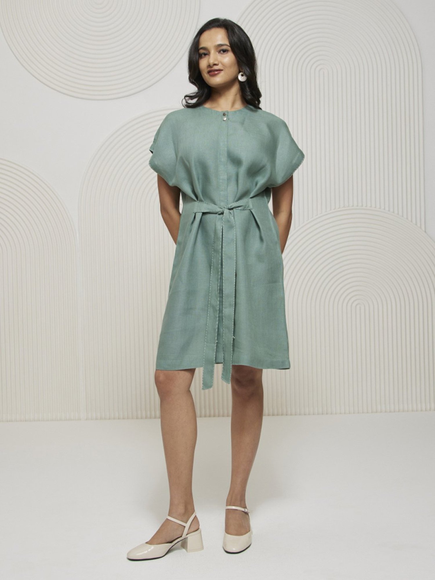 Artagai Nilgiri Green Kantha Extended Sleeve Dress with Front Tie Up