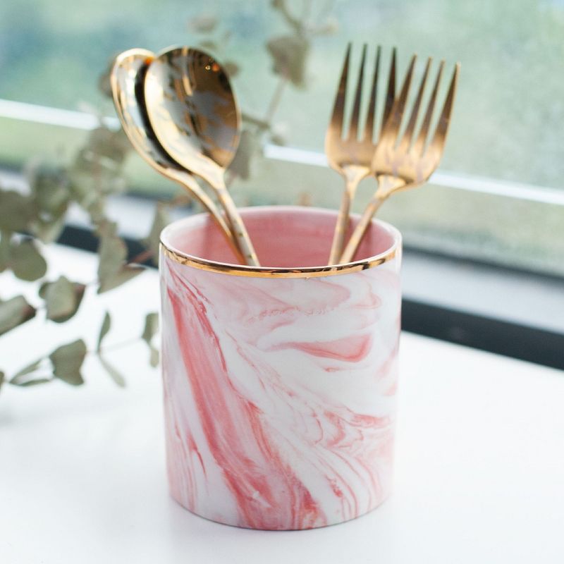 Zodaca Pen Holder, Ceramic Marble Pencil Cup Desk Organizer Makeup Brushes Holder with Gold Accent, Pink