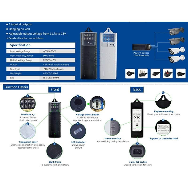 4 Channel CCTV Camera Power Supply 5 Amp Distribution Power Supply 90V-264VAC Input to 12V-13.8VDC Output Security Camera Power Adapter with PTC Fuse