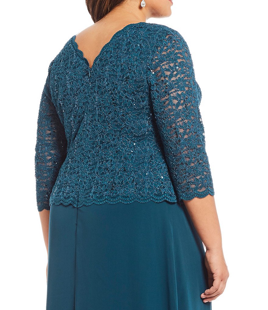 Alex Evenings Plus Size Boat Neck 3/4 Sleeve Sequin Lace Scalloped Hem Bodice Chiffon Skirted Dress