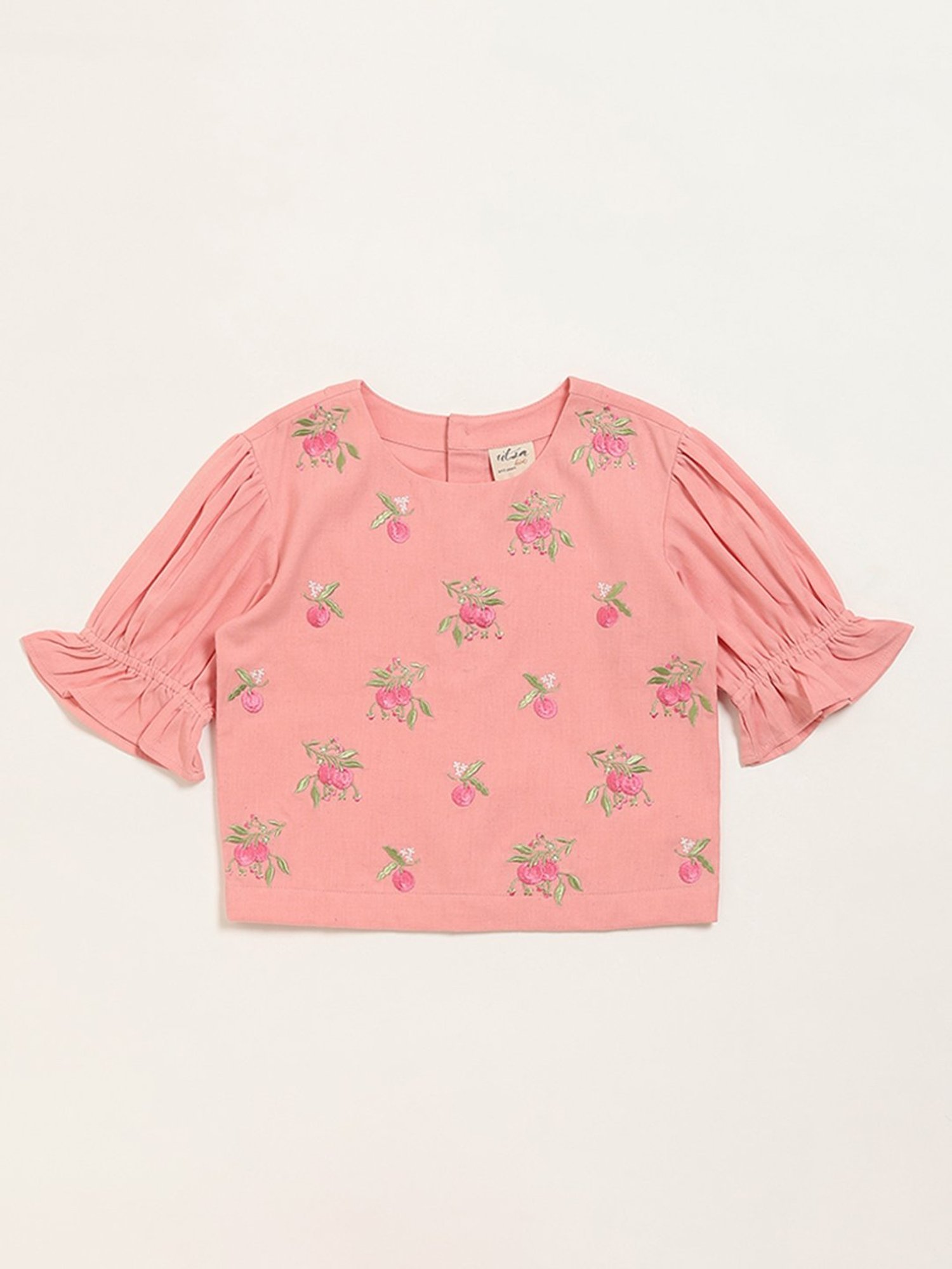 Utsa Kids by Westside Peach Floral Embroidered Cotton Blend Top