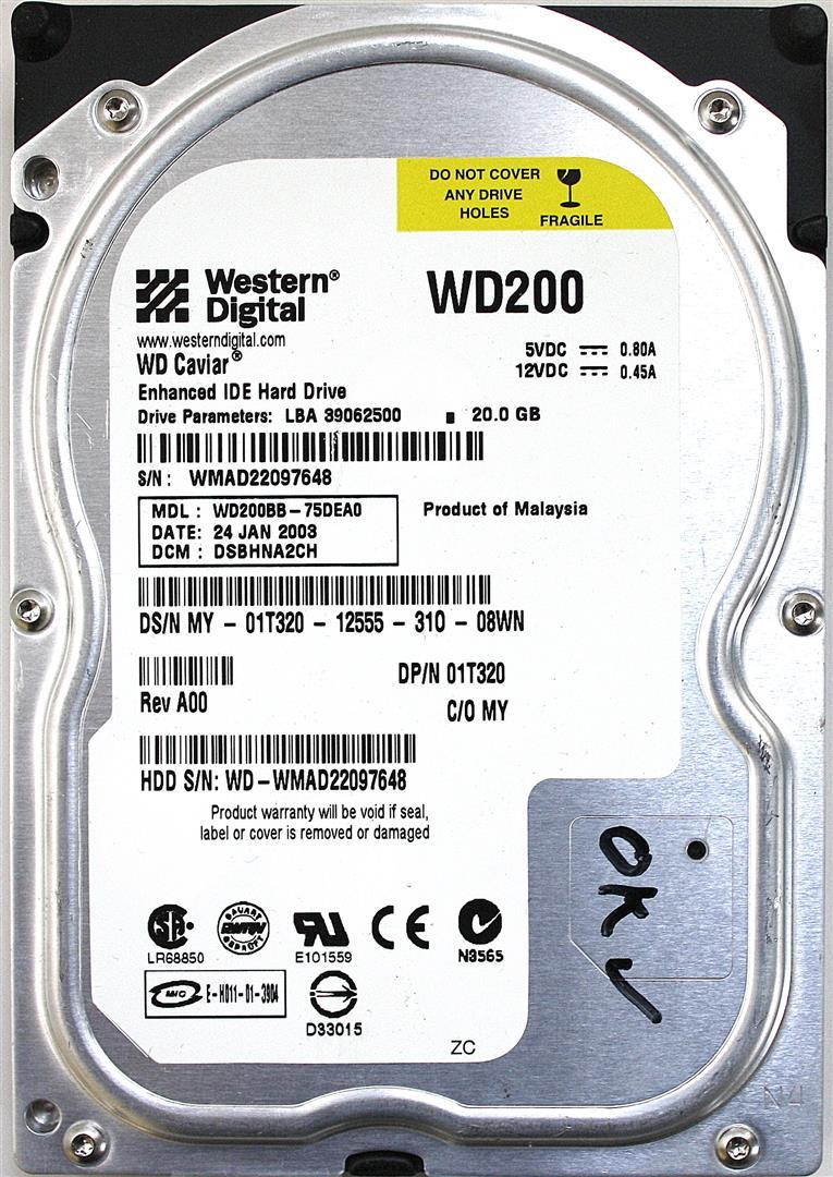 HDD 20GB IDE, WD CAVIAR WD200BB-75DEA0, DP/N 01T320 REV A00