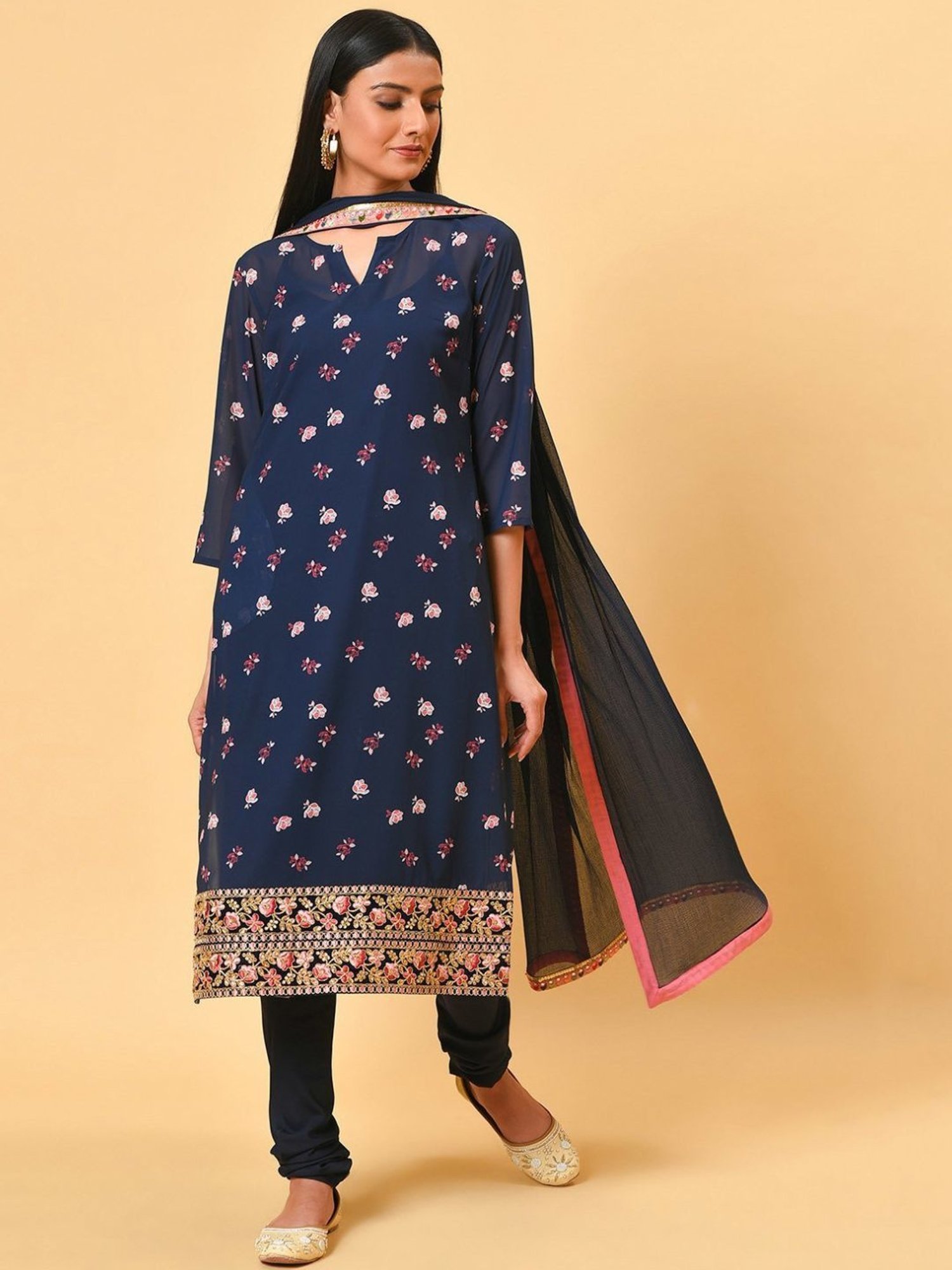 Nuhh Blue Printed Kurta with Churidar & Dupatta