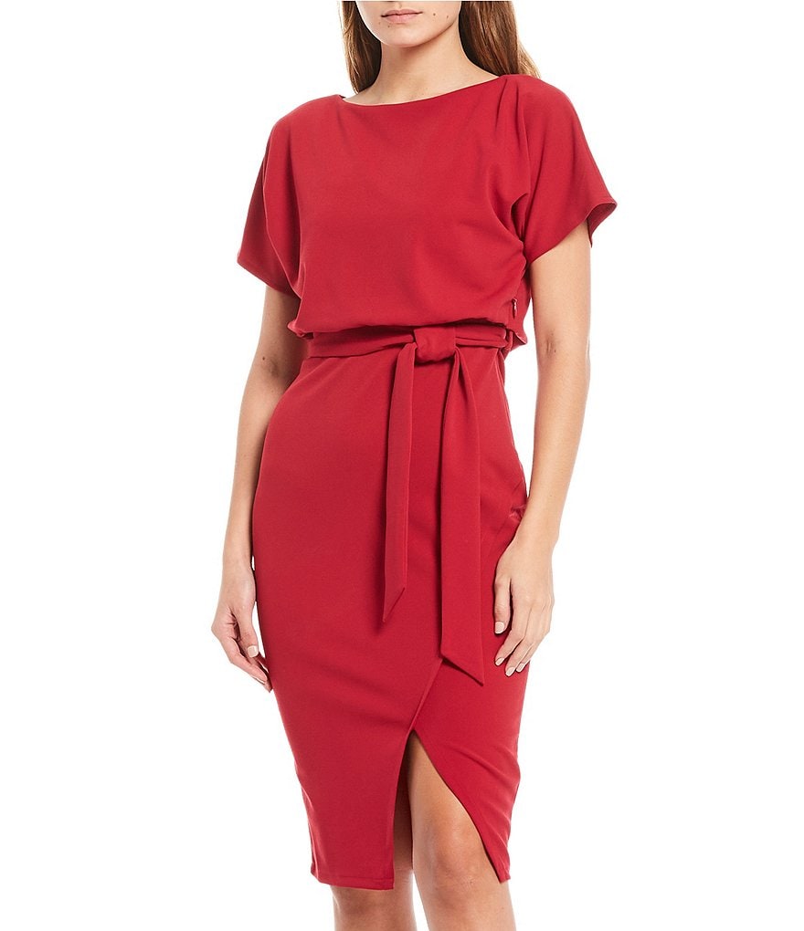 Kensie Textured Knit Boat Neck Tie Waist Short Sleeve Blouson Dress