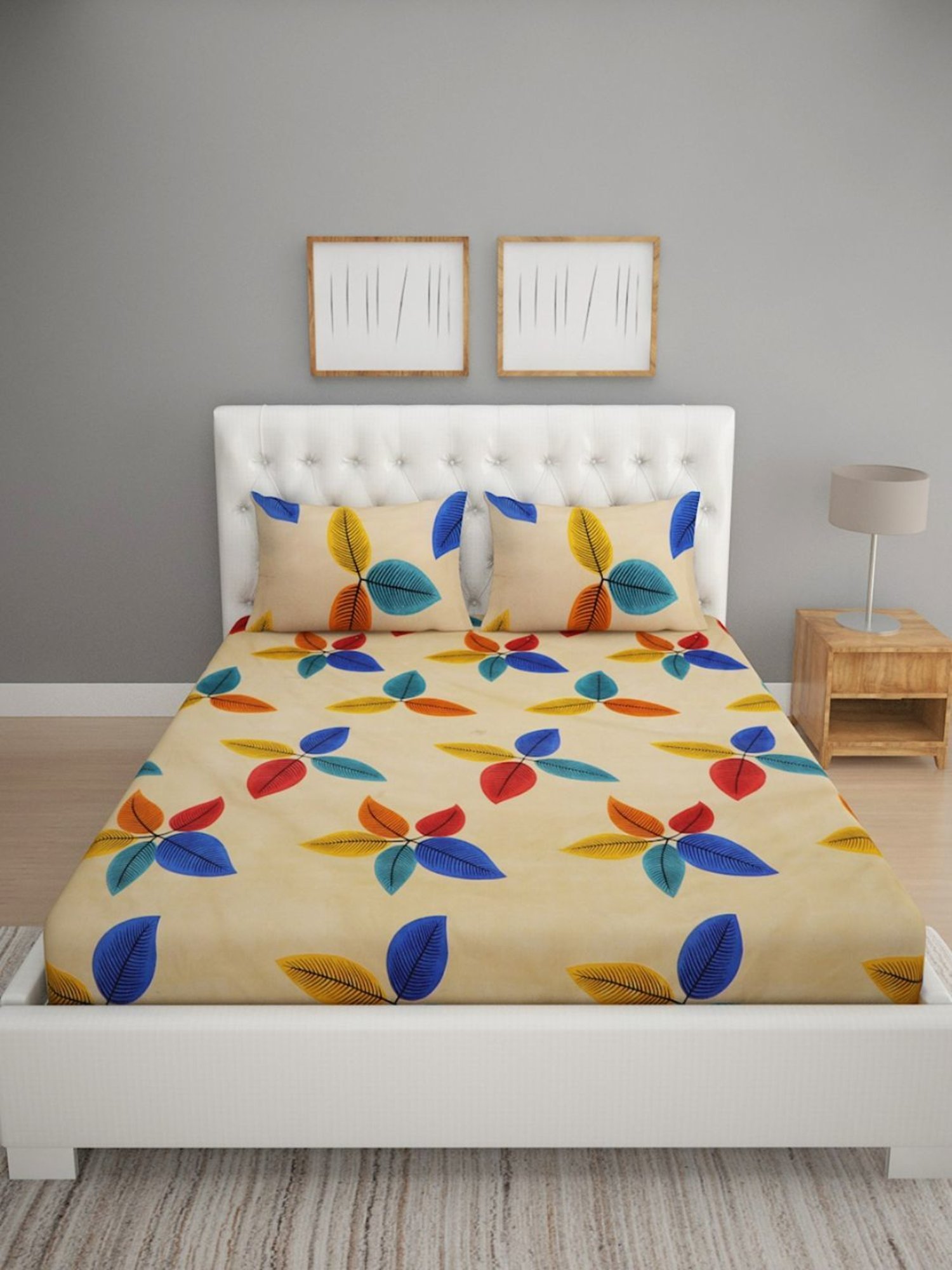 Romee Floral Dark Blue 144 TC Cotton Queen Sized Bed Sheet with 2 Pillow Covers