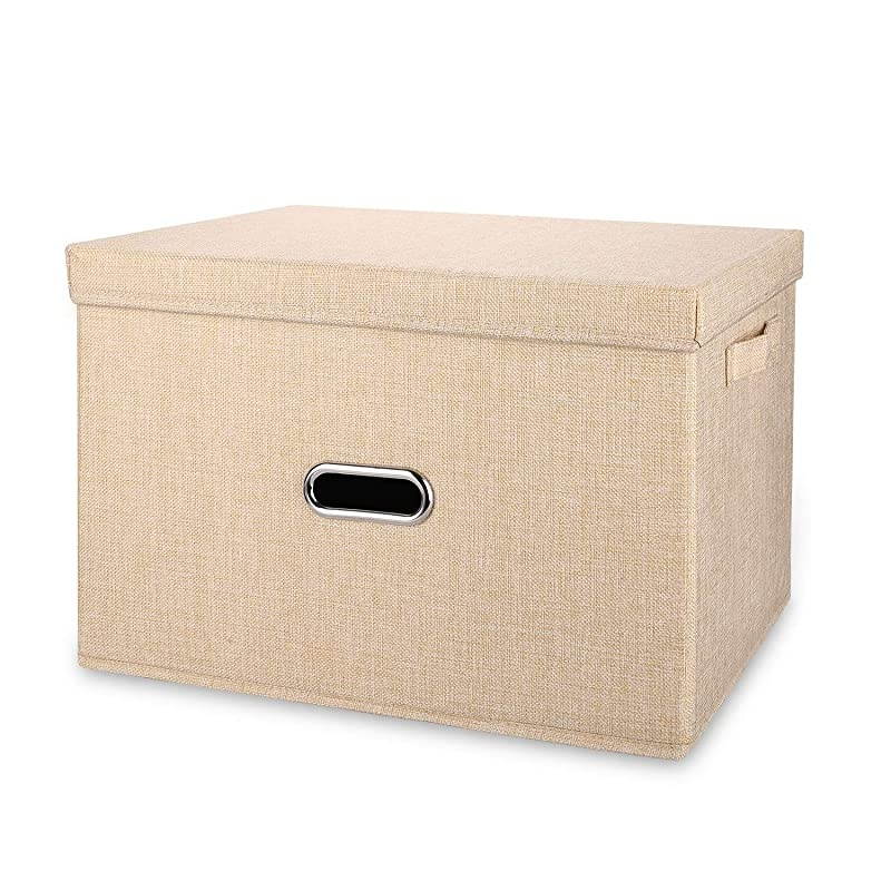 Large Linen Collapsible Storage Bins with Removable with Lids and Handles Washable Storage Box Containers Baskets Cube with Cover for BedroomClosetOfficeLiving RoomNursery Khaki Large