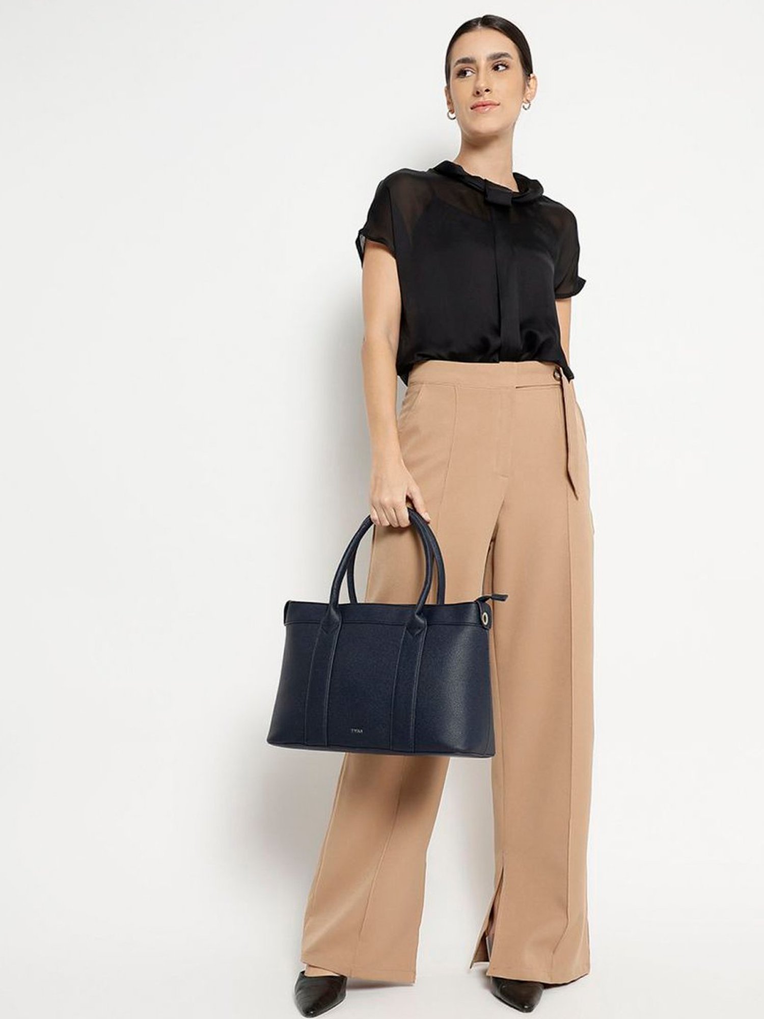 Tyra Lina Navy Solid Faux Leather Tote Handbag