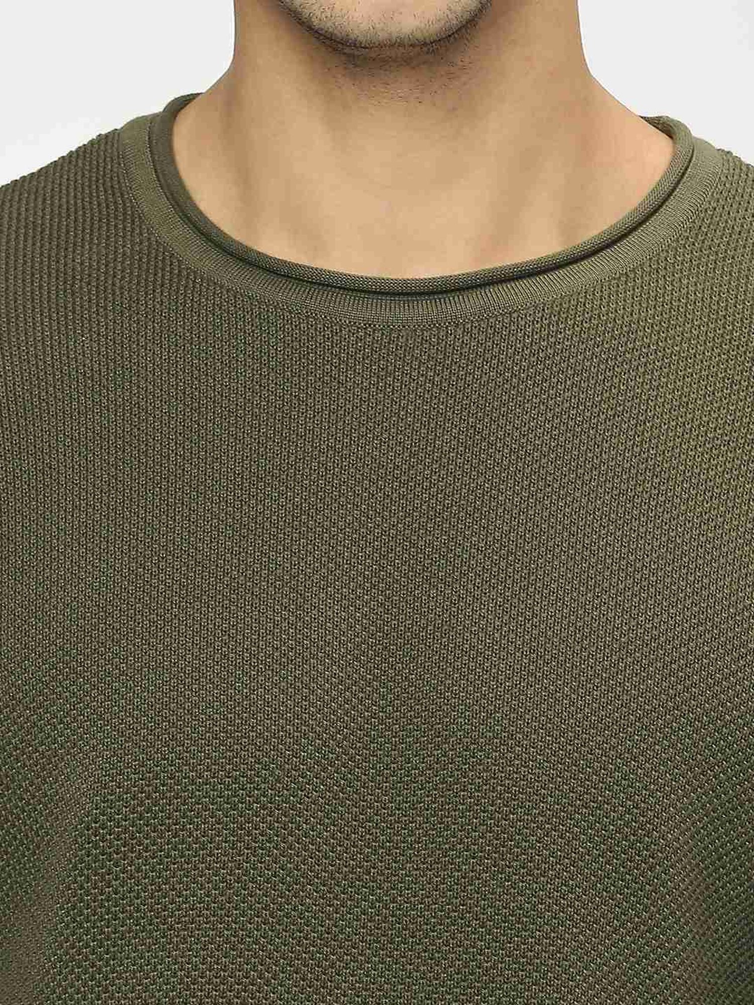 Pepe Jeans Olive Cotton Regular Fit Self Pattern Sweater