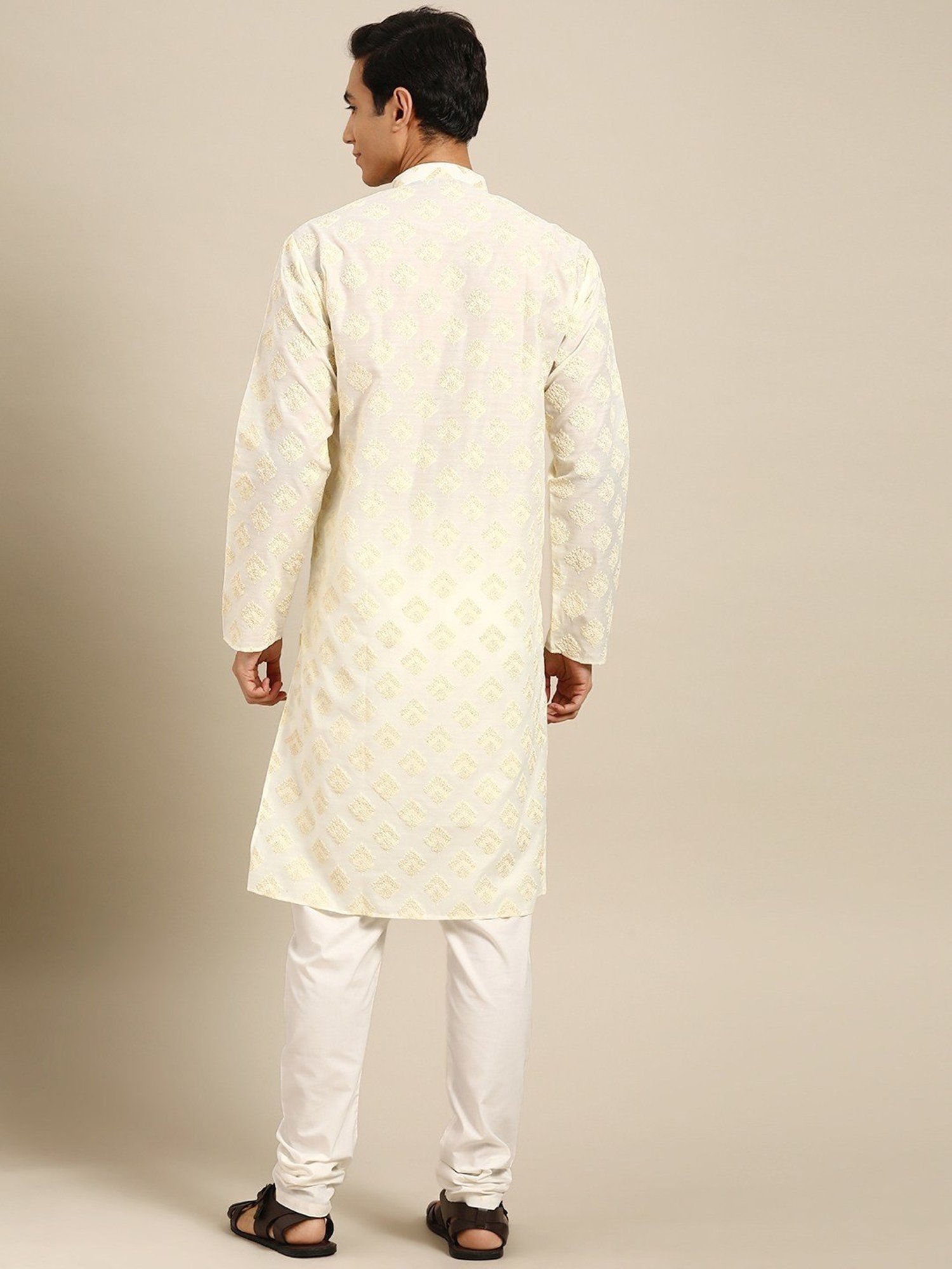 ManQ Cream Regular Fit Printed Kurta Bottom Set