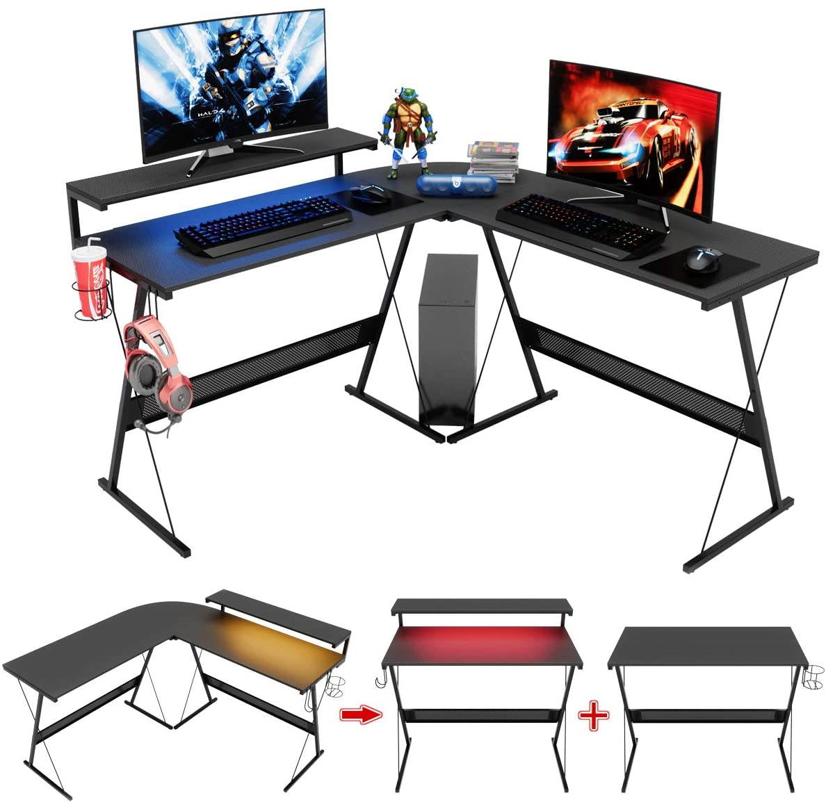 Bestier 55.2" Gaming Desk Racing Style PC Computer Desk L-Shaped Desk Corner Home Office Table with Ergonomic Monitor Stand & RGB Strip Light & Multifunctional Hook (Black Carbon Fiber)