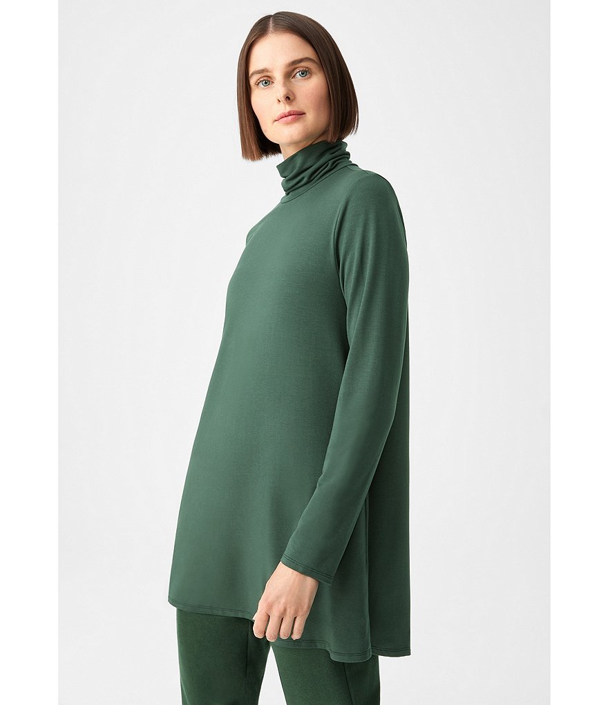 Eileen Fisher Fine Stretch Knit Jersey Scrunch Mock Neck Long Sleeve Tunic