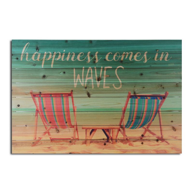 24" x 36" Happiness Comes in Waves Print on Planked Wood Wall Sign Panel - Gallery 57