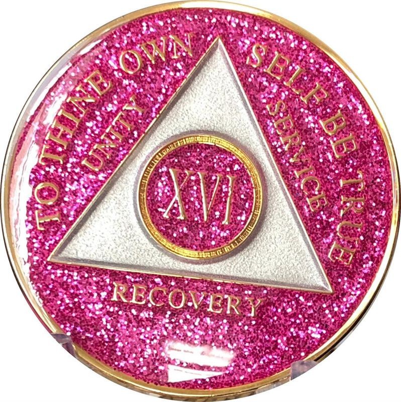 16 Year AA Medallion Glitter Pink Tri-Plate Chip XVI