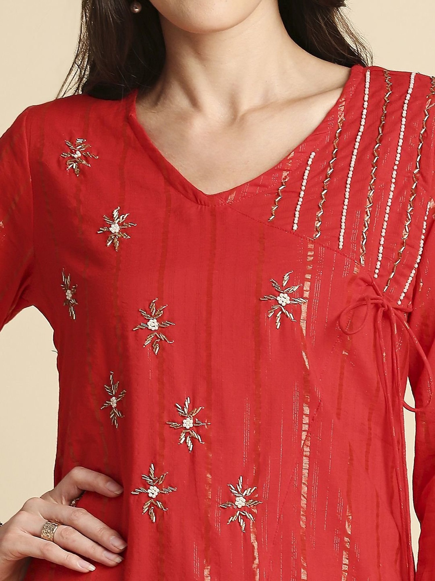 Anubhutee Red Cotton Embroidered Kurta Pant Set With Dupatta