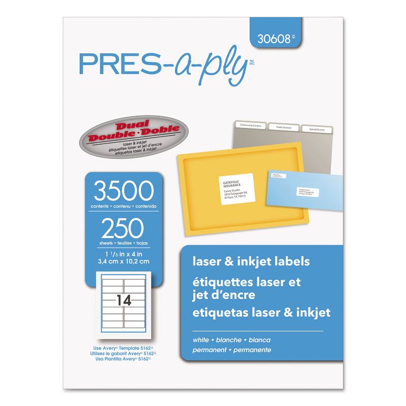 PRES-a-ply Laser Address Labels 1 1/3 x 4 White 3500/Box 30608