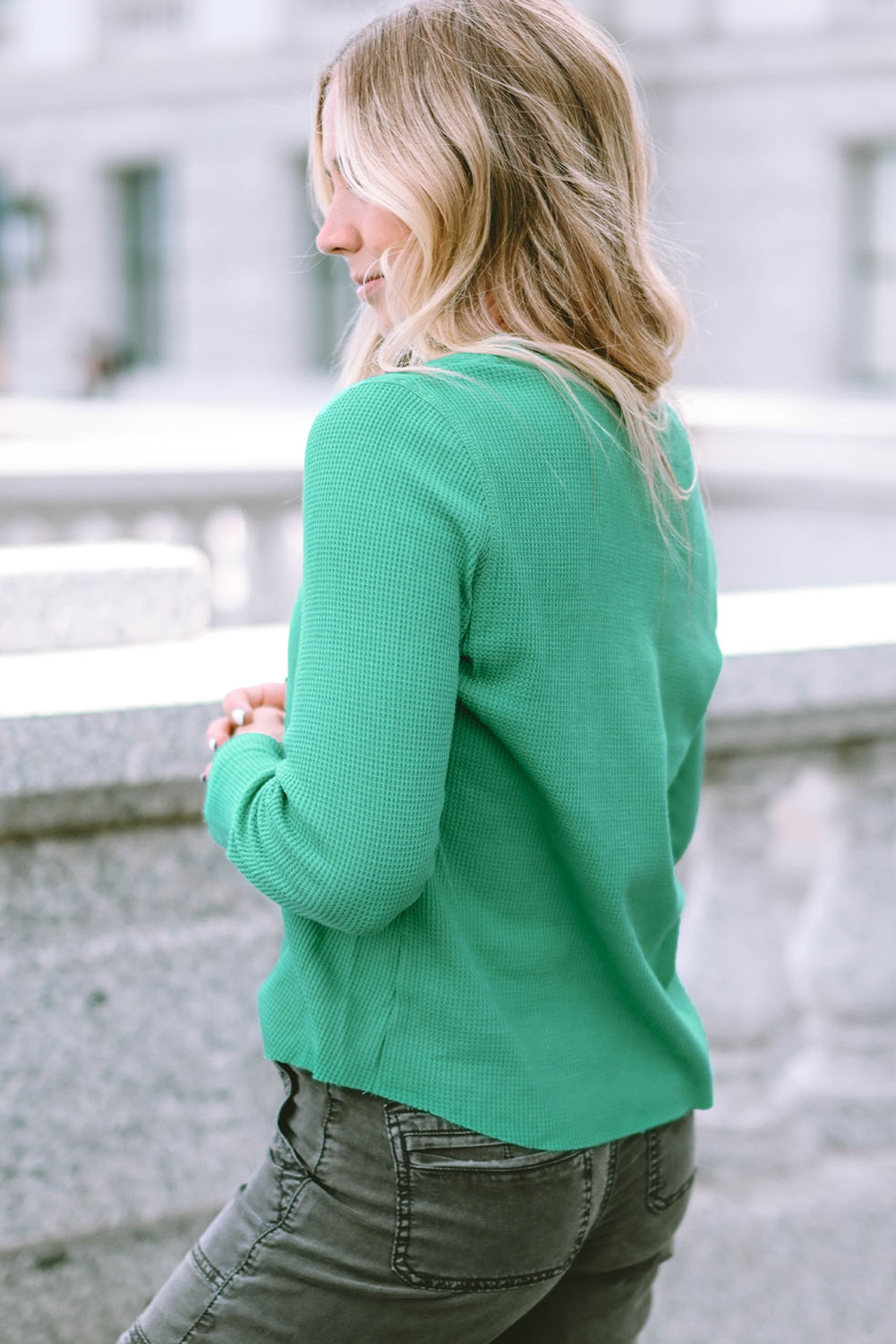 Green Christmas Candy Cane Patched Graphic Half Button Waffle Long Sleeve Top