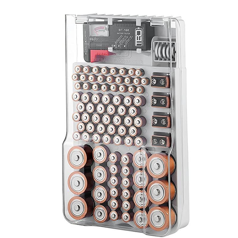 Storage Case with Hinged Clear Cover, Includes a Removable Battery Tester, Holds 93 Batteries Various Sizes