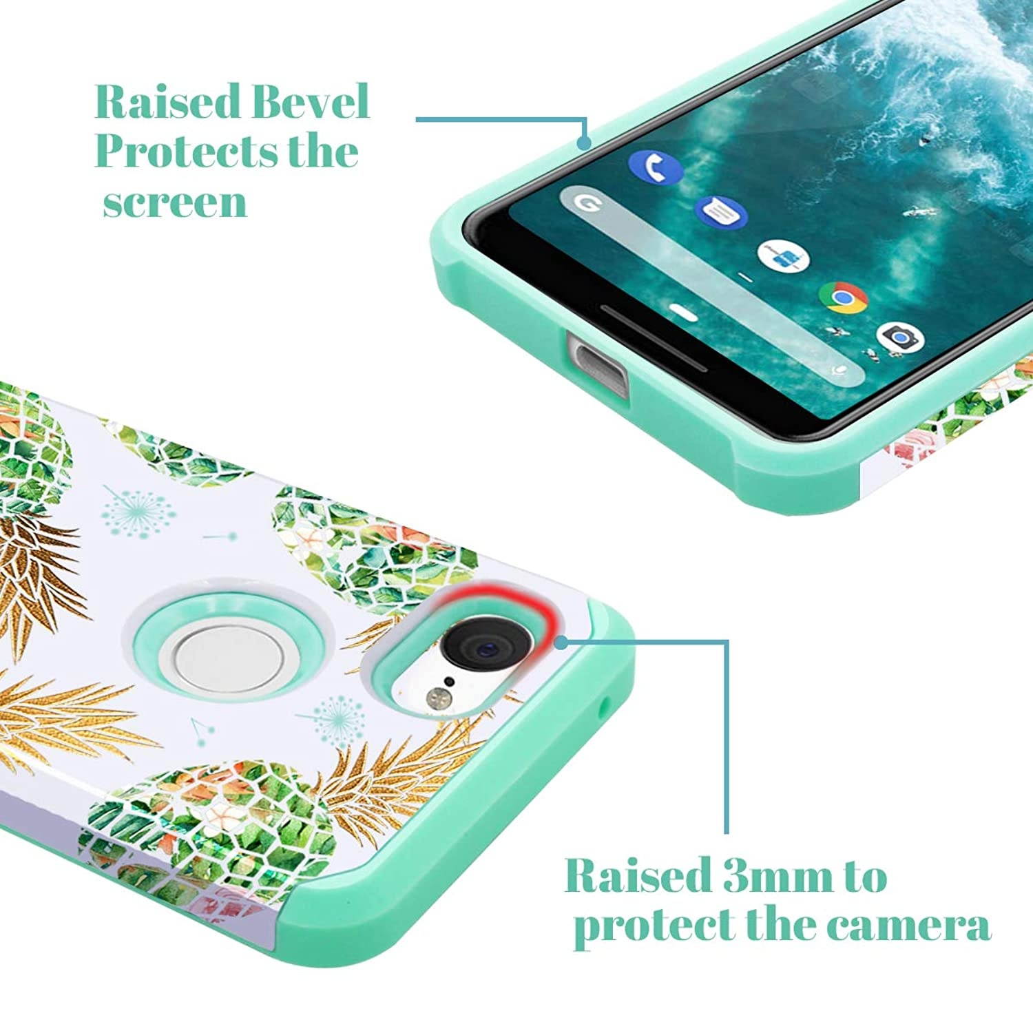 Fingic Google Pixel 3 Case, Pixel 3 Case Pineapple Floral Design Slim Case Hard PC Soft Rubber Anti-Scratch Shockproof Protective Slim Phone Case Cover for Google Pixel 3 (2018) - Mint Green