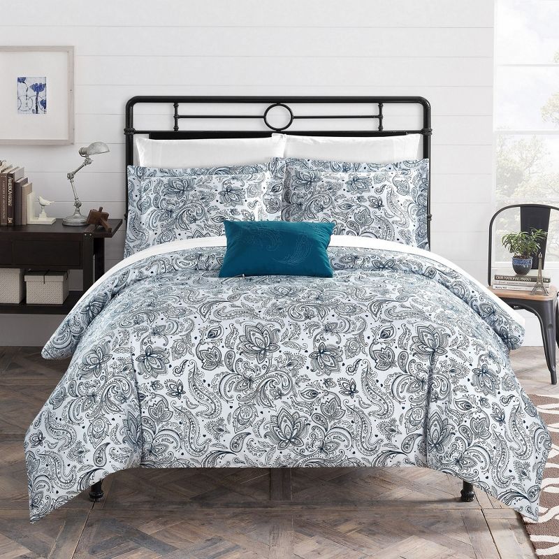 Chic Home Regent's Park 4 Piece Duvet Cover Set Two-Tone Vintage Paisley Pattern Print Zipper Closure Bedding - Decorative Pillow Shams Included, Blue Queen