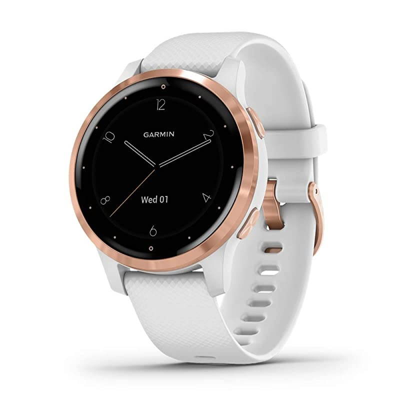 010-02172-21 Vivoactive 4S, Smaller-Sized GPS Smartwatch, Features Music, Body Energy Monitoring, Animated Workouts, Pulse Ox Sensors, Rose Gold with White Band