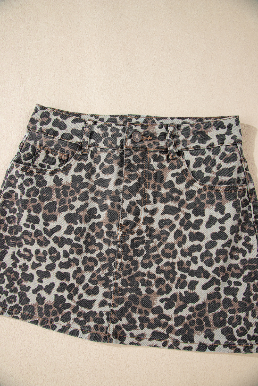 Khaki Allover Leopard Print Denim Mini Skirt