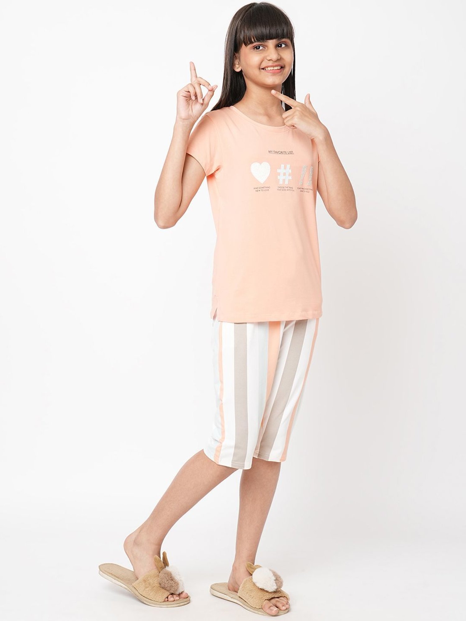 Sweet Dreams Kids Peach & White Cotton Printed Top Set