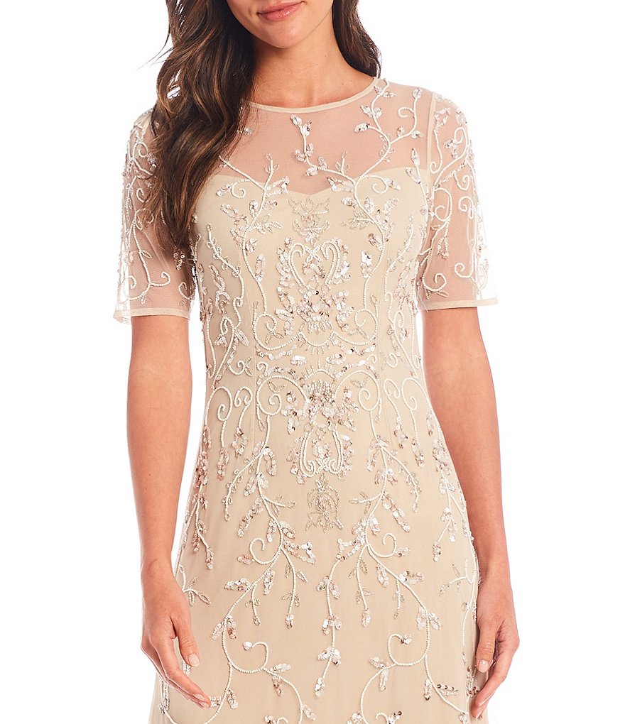 Adrianna Papell Beaded Illusion Jewel Neck Elbow Sleeve Gown