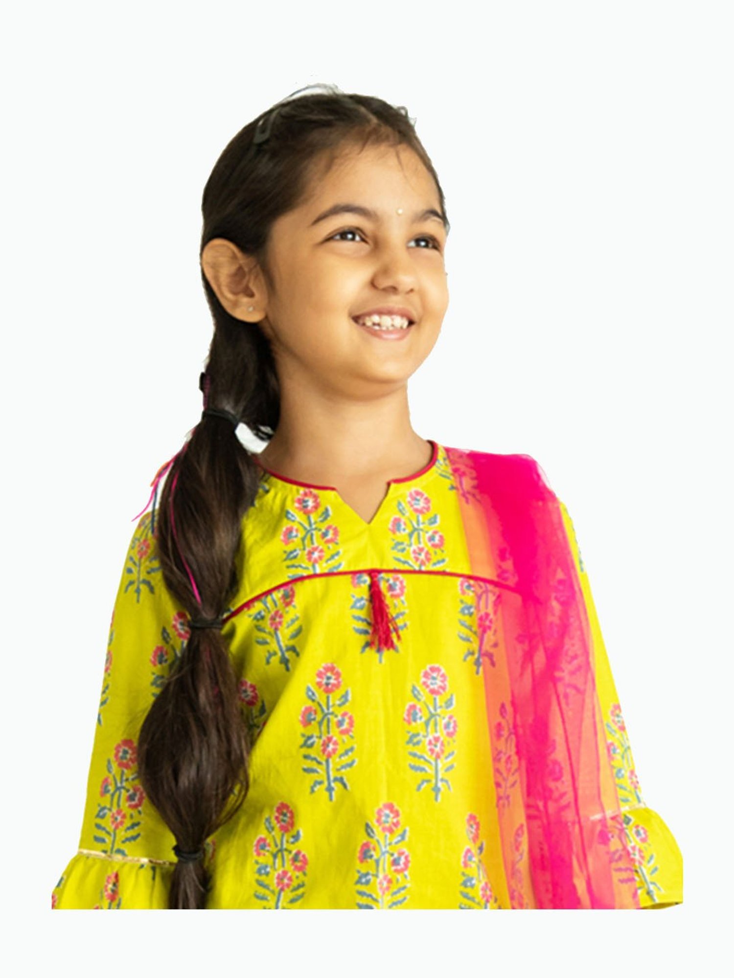 Campana Kids Lime Green & Pink Boota Block Print Kurti, Sharara & Dupatta