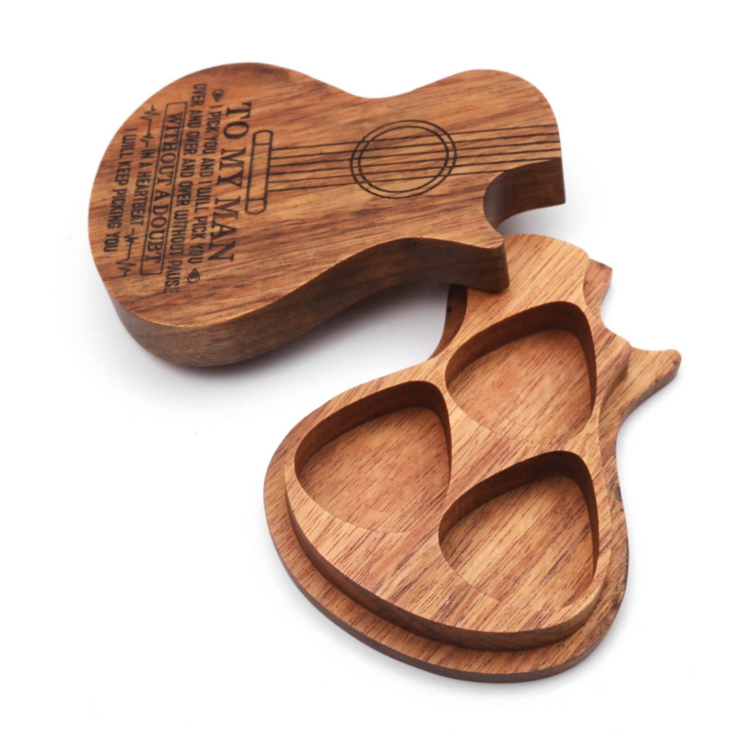 Wooden Guitar Pick Box Holder Guitar Shape 3 Compartments Paddles Wood Container with 3pcs Olivewood Picks