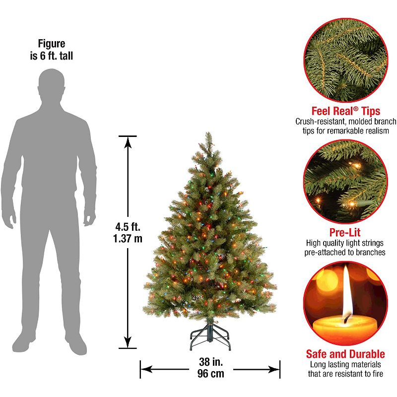 National Tree Company Feel Real 4.5 Foot Artificial Prelit Downswept Douglas Fir Christmas Tree with 450 UL Multicolored Lights and Sturdy Metal Stand