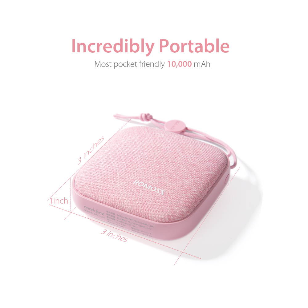 ROMOSS Style Power Bank 10,000mAh, Candybox 2.1A Dual USB Fabric Portable Charger with Hanging Ring Compatible for iPhone X, Samsung Galaxy S9 and More (Candy Pink)