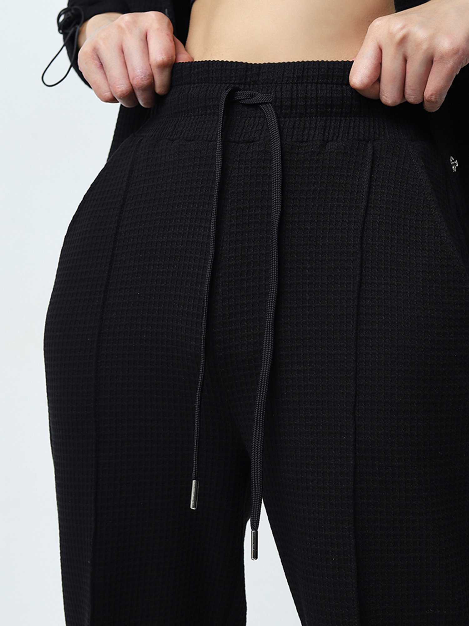 Studiofit by Westside Black Waffle Texture High-Rise Cotton Track Pants