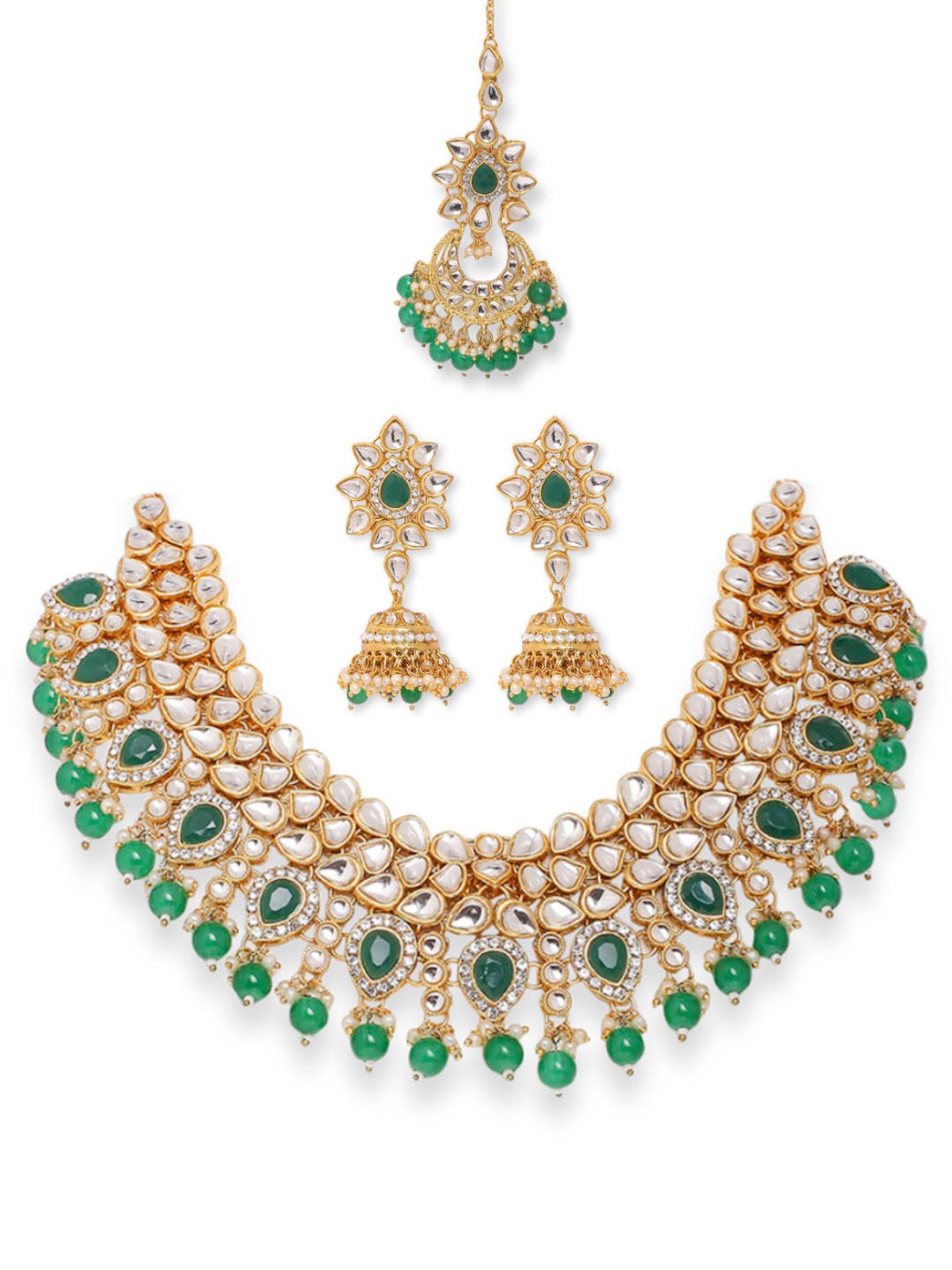 OOMPH Green Stone Kundan & Pearls Necklace Set with Drop Jhumka Earrings & Maangtikka