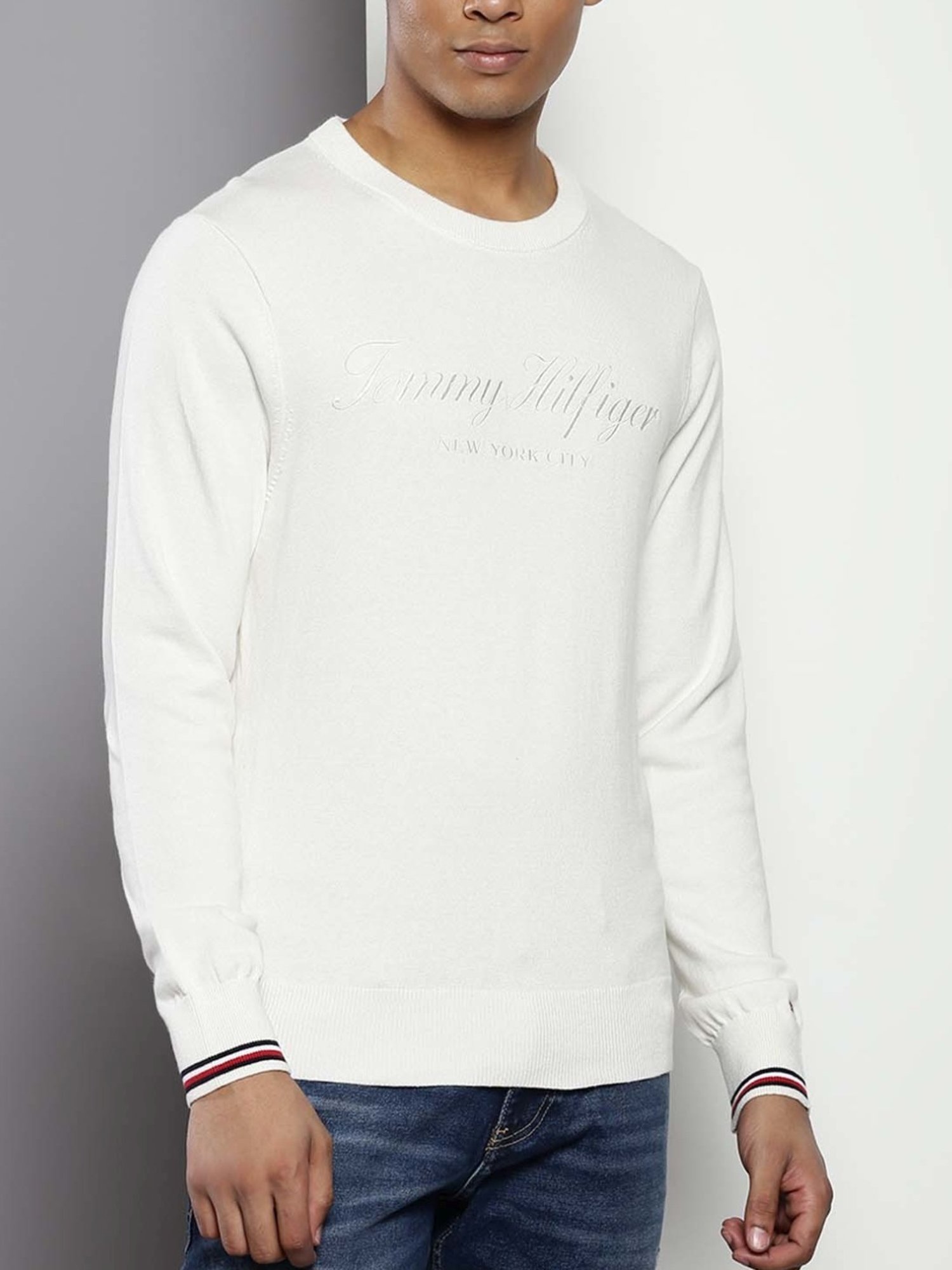 Tommy Hilfiger White Suede Cotton Regular Fit Embroidered Sweater