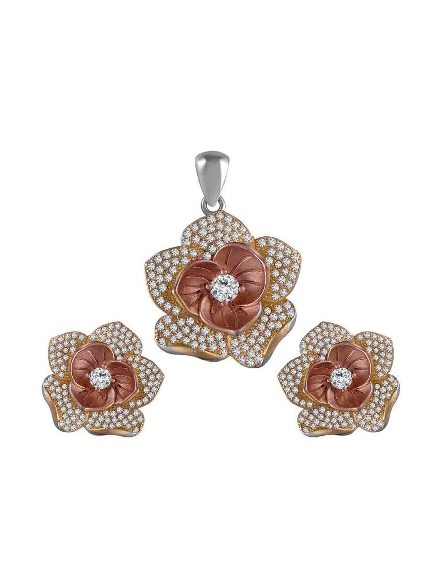Rihi by P.C. Chandra Jewellers Rose In Gold Pendant And Earring Set (Without Chain)
