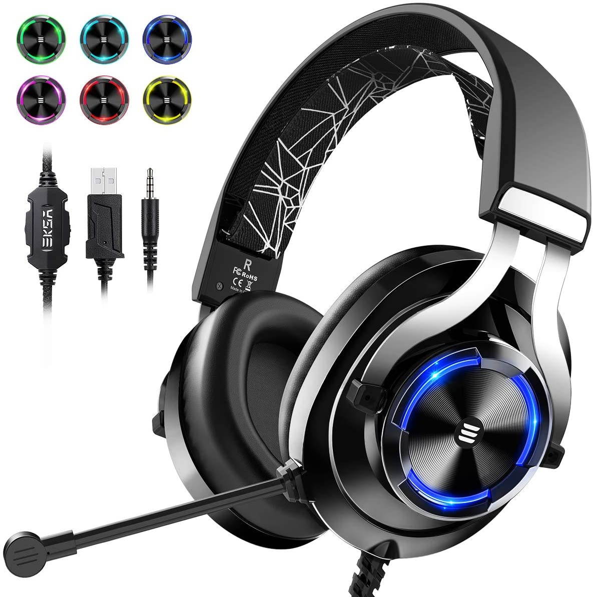 EKSA E3000 USB Gaming Headset PS4 Xbox One Headset with Noise Cancelling Mic & RGB Light - Gaming Headphones for PC, Laptop, Xbox One Controller (Adapter Not Included), PlayStation 4, Nintendo Switch