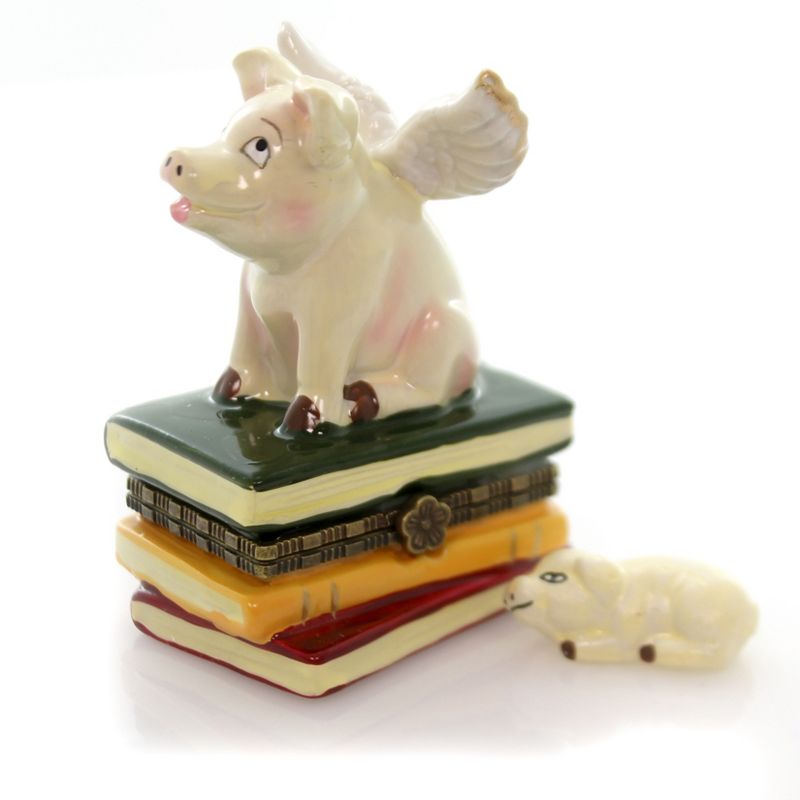 Hinged Trinket Box 3.25" Pig With Wings Books Flying  -  Decorative Figurines