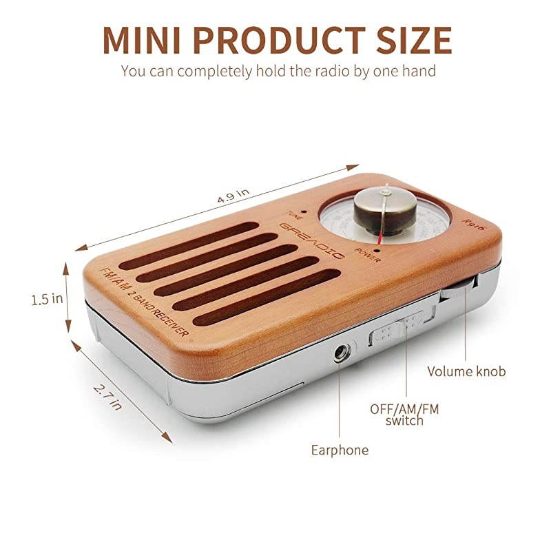 Portable Radio Pocket Retro Cherry Wood Radio with Headphone Jack Best Reception Battery Operated Personal Transistor by 2 AA Battery for Travelling Jogging and Walking