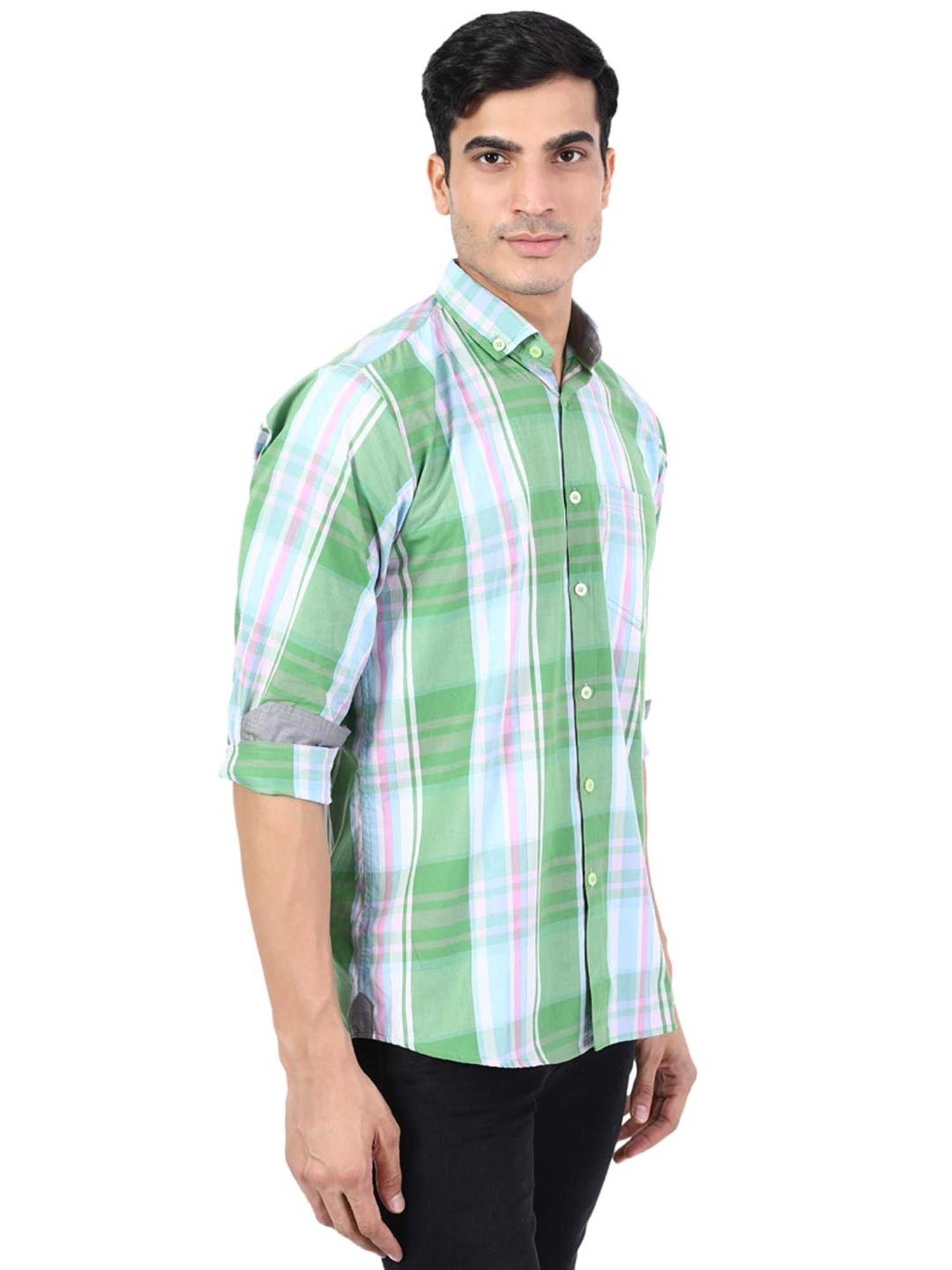 TAHVO Green & White Cotton Slim Fit Checks Shirt