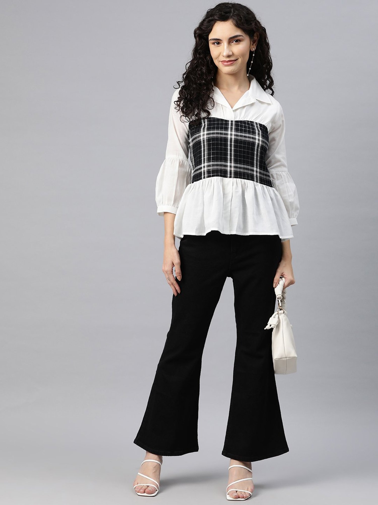 Cottinfab White Cotton Checks Peplum Top