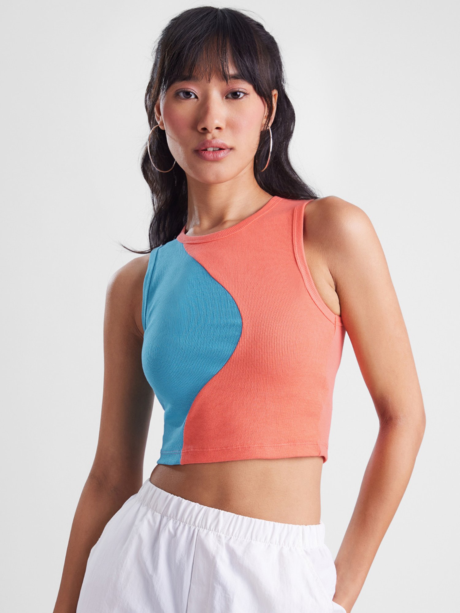 The Souled Store Blue & Peach Cotton Color-Block Tank Top