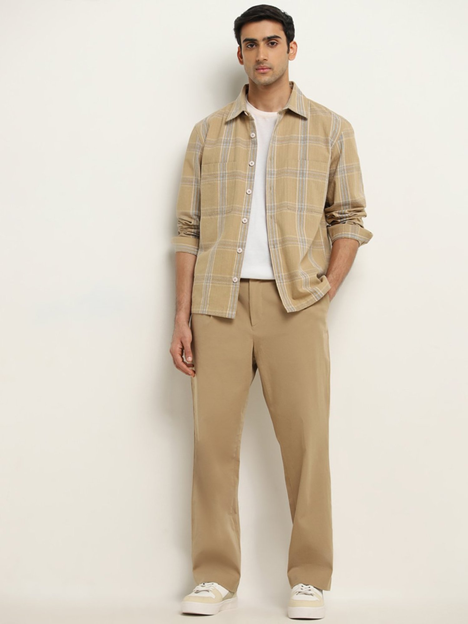 Ascot by Westside Beige Checks Design Relaxed-Fit Cotton Shirt