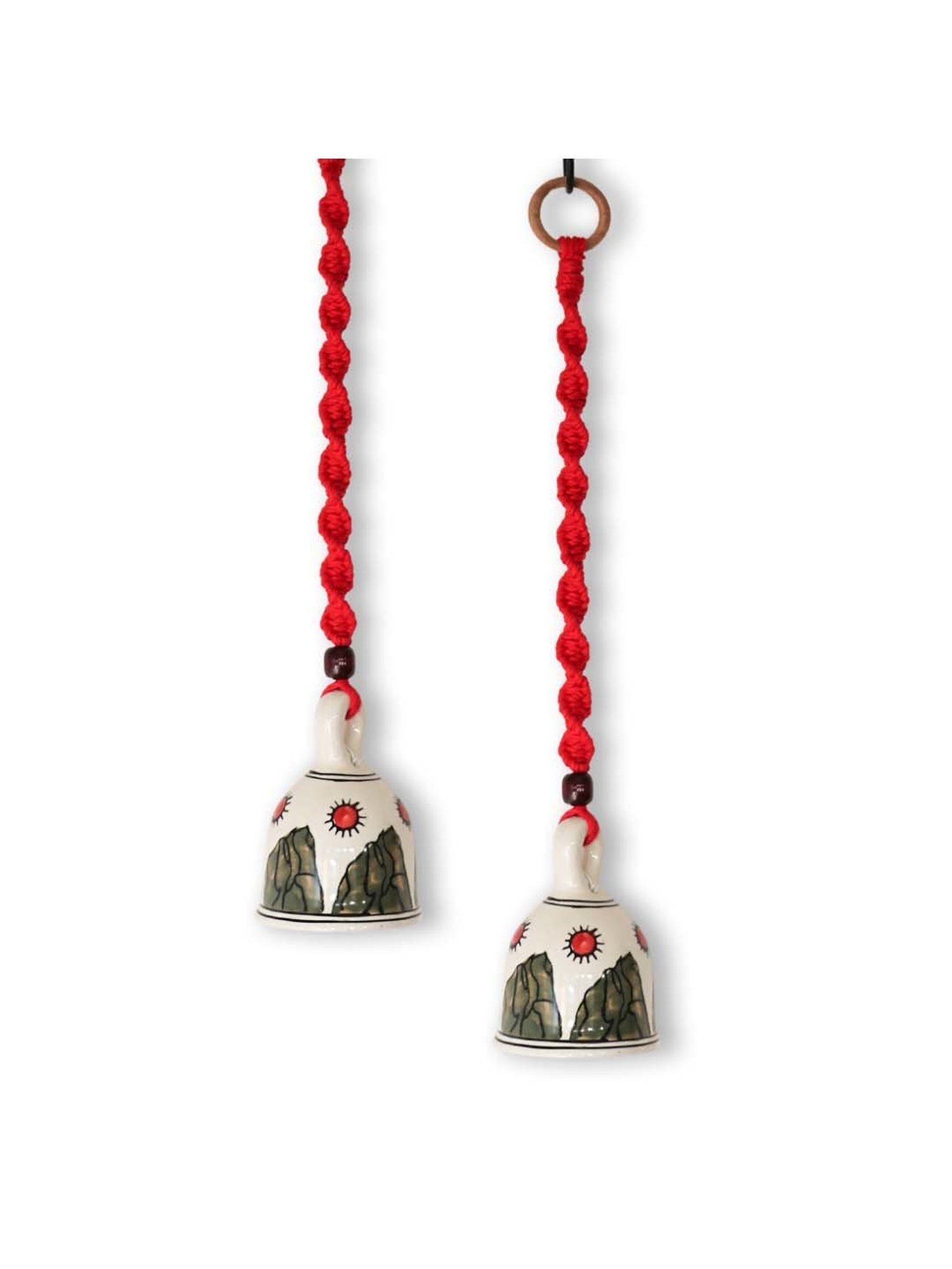 Gathari Red Ceramic Wall Hanging Macrame Bells - Set of 2