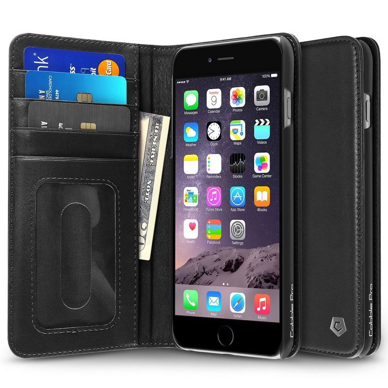 Cobble Pro For iPhone 6s Plus / 6 Plus 5.5" Handcrafted GENUINE LEATHER Wallet Case with Stand and ID Credit Card Slots Holder - Black (Slim Fit)