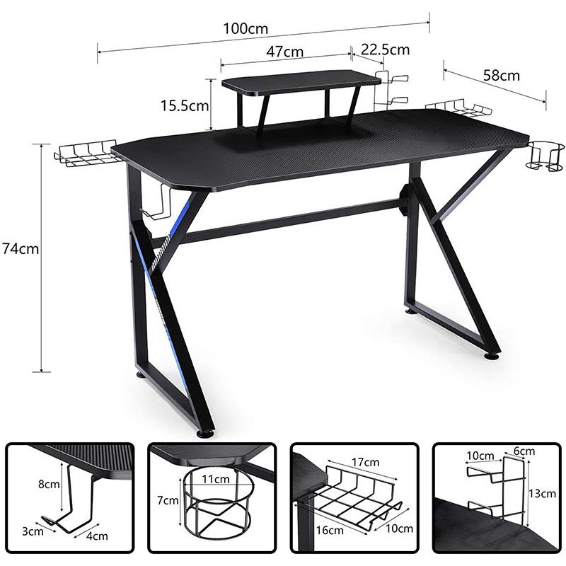 Gaming Desk 39 Inch Computer Desk Gaming Table K Shaped Pc Gaming Workstation Home Office Desk with Headphone/CD Holder, Gaming Controller Rack, K01
