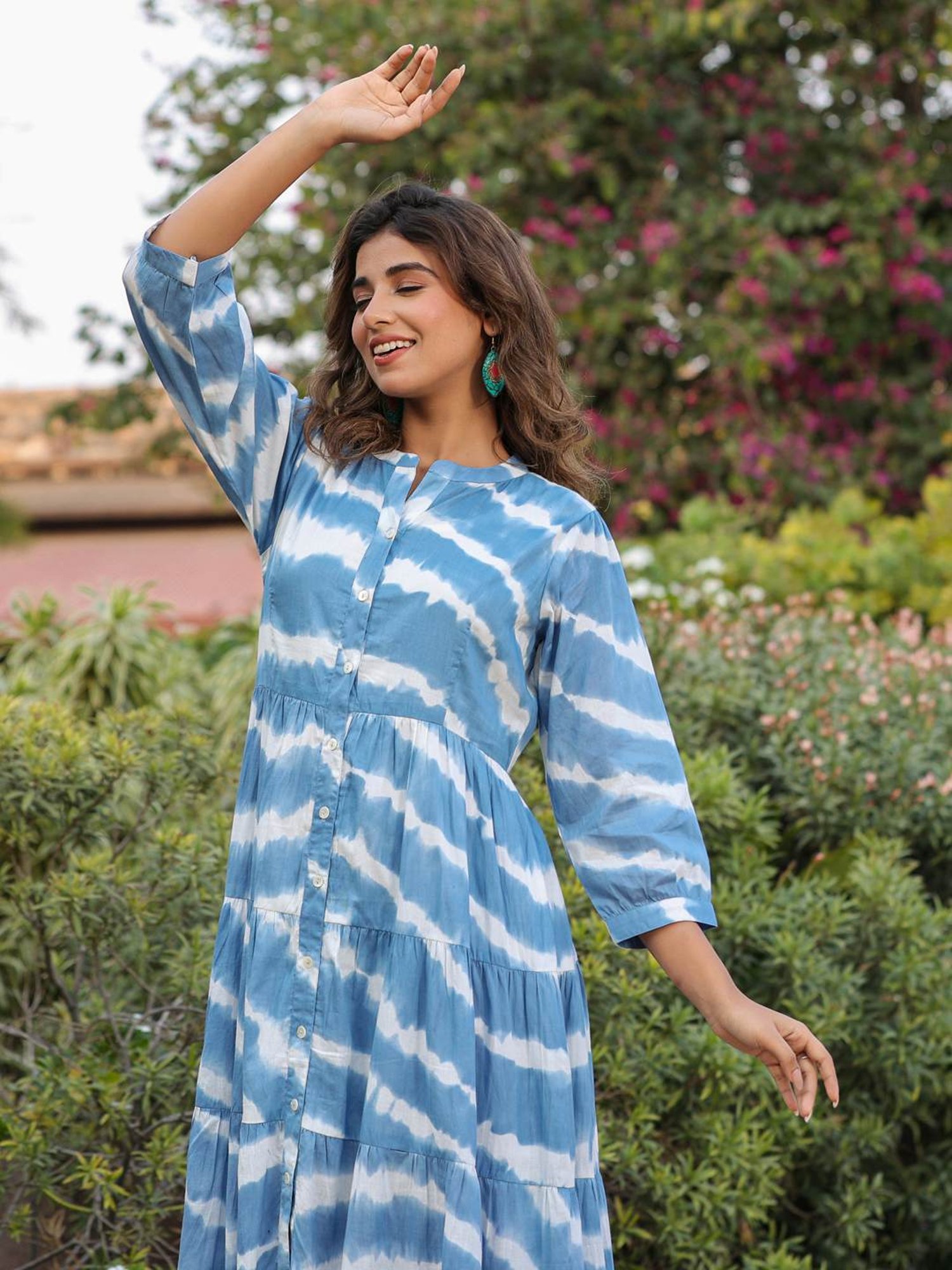 Rain and Rainbow Blue Cotton Tie & Dye A-Line Dress