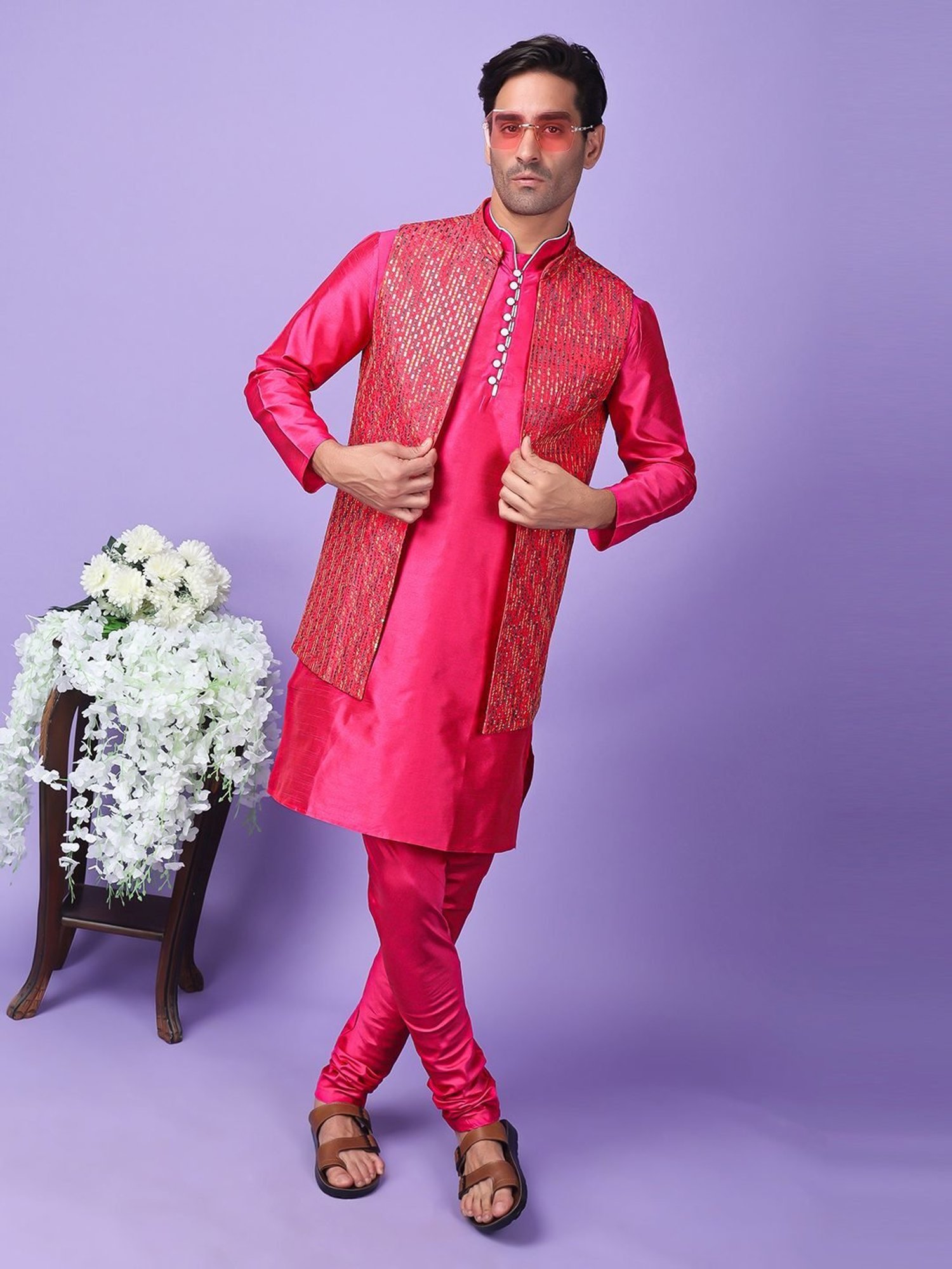 Hangup Pink Regular Fit Embroidered Kurta Set With Jacket