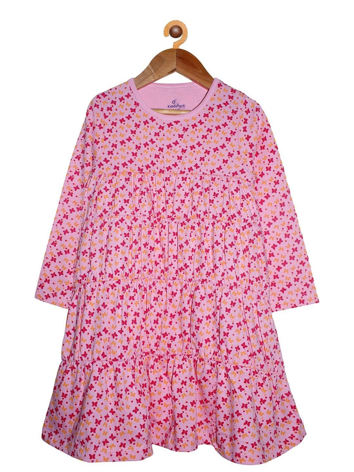 Kiddopanti Kids Baby Pink Printed Full Sleeves Dress
